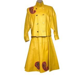 Vintage 80s Size Small Yellow Leather Dress Suit Paisley Accents Jacket Skirt